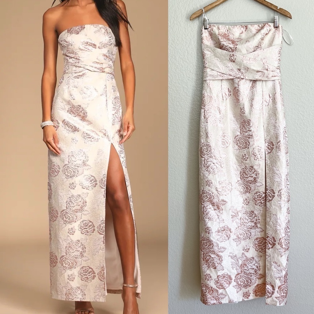 Redefine Regal Pale Pink Floral Jacquard Strapless Maxi Dress